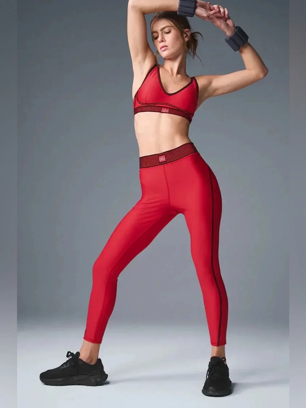 ALO YOGA Airlift High-Waist 7/8 Line Up Black Flocking Bold Red Legging EUC Sz S